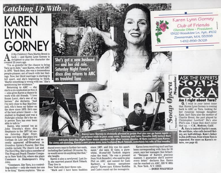 Karen Lynn Gorney - Zeitungsauschnitt mit Visitenkarte (1)